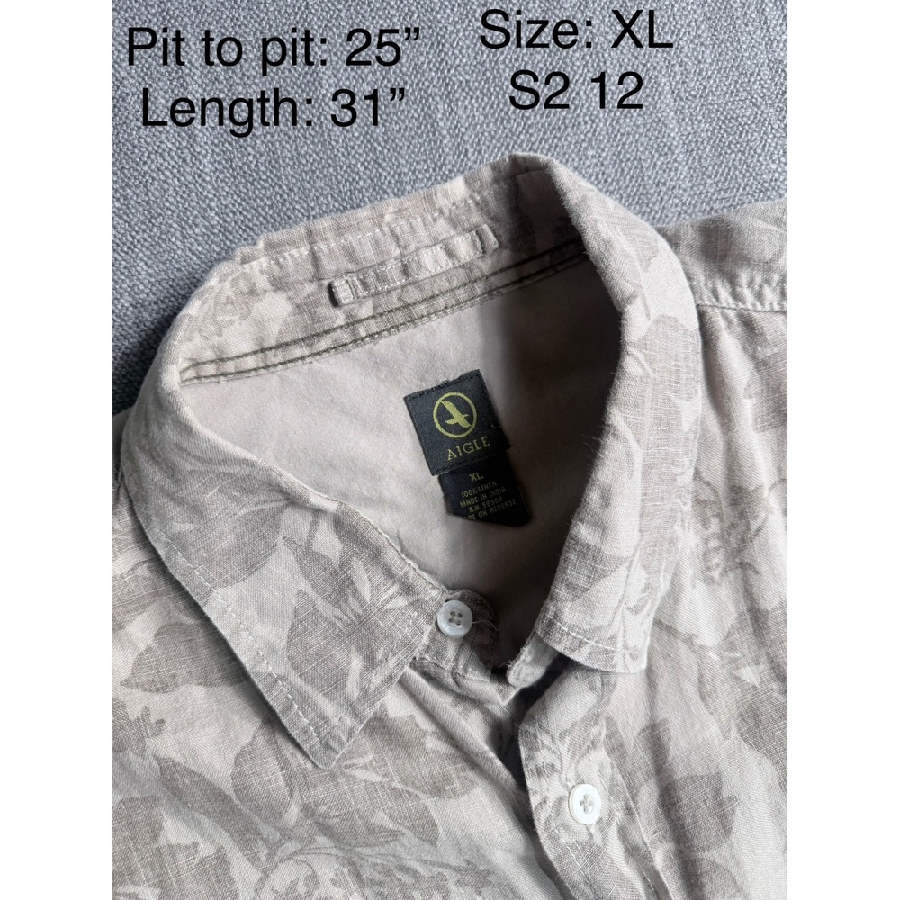 Aigle Mens XL 100% Linen Short Sleeve Button Down Shirt Floral Leaf Print Tan - Picture 2 of 3